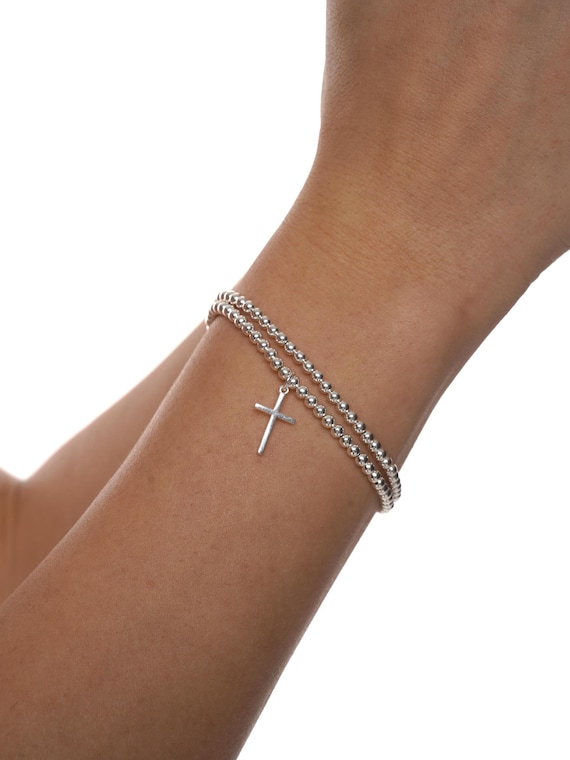 国内発送【Chained&Able】SILVER HANGING CROSS BEADED BRACELET 925 Sterling Silver Cross Charm Bracelet, Religious