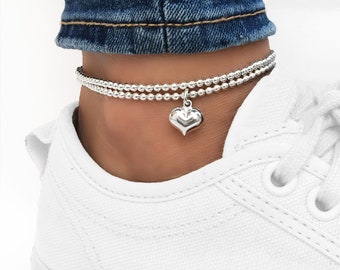 925 Sterling Silver Stretch Puff Heart Anklet, Sterling Silver Anklet, Anklet, Silver Heart Anklet