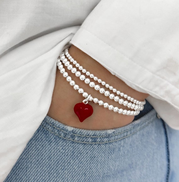 925 Sterling Silver Red Puff Heart Charm Bracelet, Red Heart Charm Bracelet,  Heart Charm Bracelet, Stacked Bracelets - Etsy