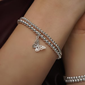 925 Sterling Silver Stretch Butterfly Charm Bracelet, Butterfly Bracelet, Sterling Silver Bracelet