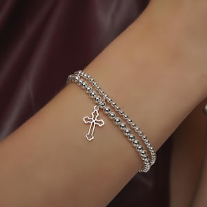 925 Sterling Silver Cross Charm Bracelet, Religious, Sterling Silver Bracelet, Beaded Bracelet, Stacked Bracelets