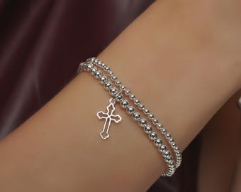 925 Sterling Silver Cross Charm Bracelet, Religious, Sterling Silver Bracelet, Beaded Bracelet, Stacked Bracelets