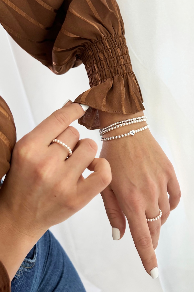 925 Sterling Silver Heart Initial Bracelet, Sterling Silver Stretch Bracelet, Initial Bracelet, Stacked Bracelets Stack of 3