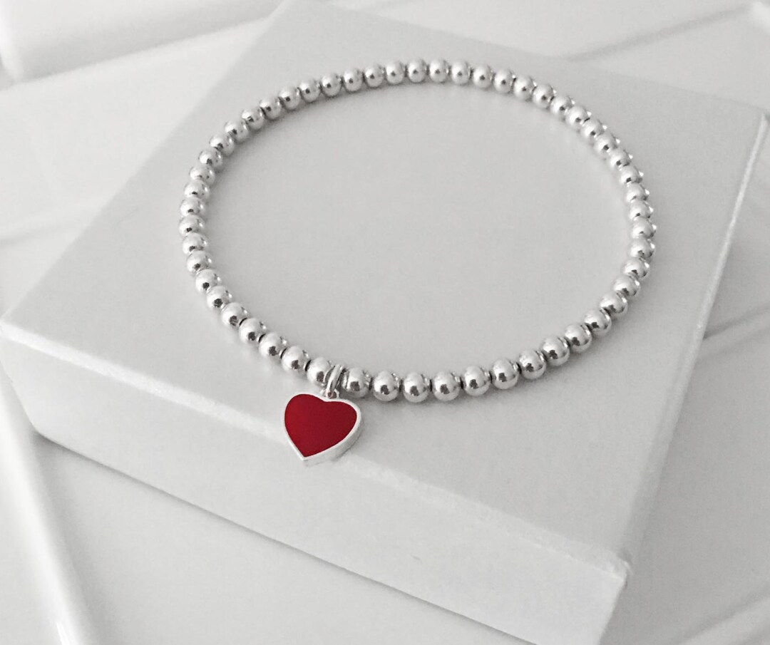 925 Sterling Silver Heart Charm Bracelet Red Heart Charm Etsy