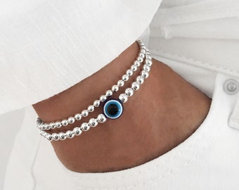 925 Sterling Silver Bracelet, Blue Evil Eye Charm, Evil Eye Bracelet, Stacked Bracelets, Evil Eye