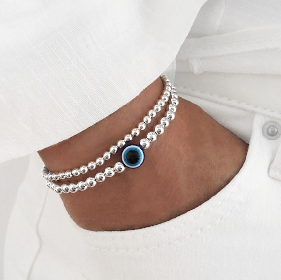 Evil Eye Round Hand-Painted Delicate Sterling Silver Chain Bracelet Silver / 6 inches adjustable upto 8 inches