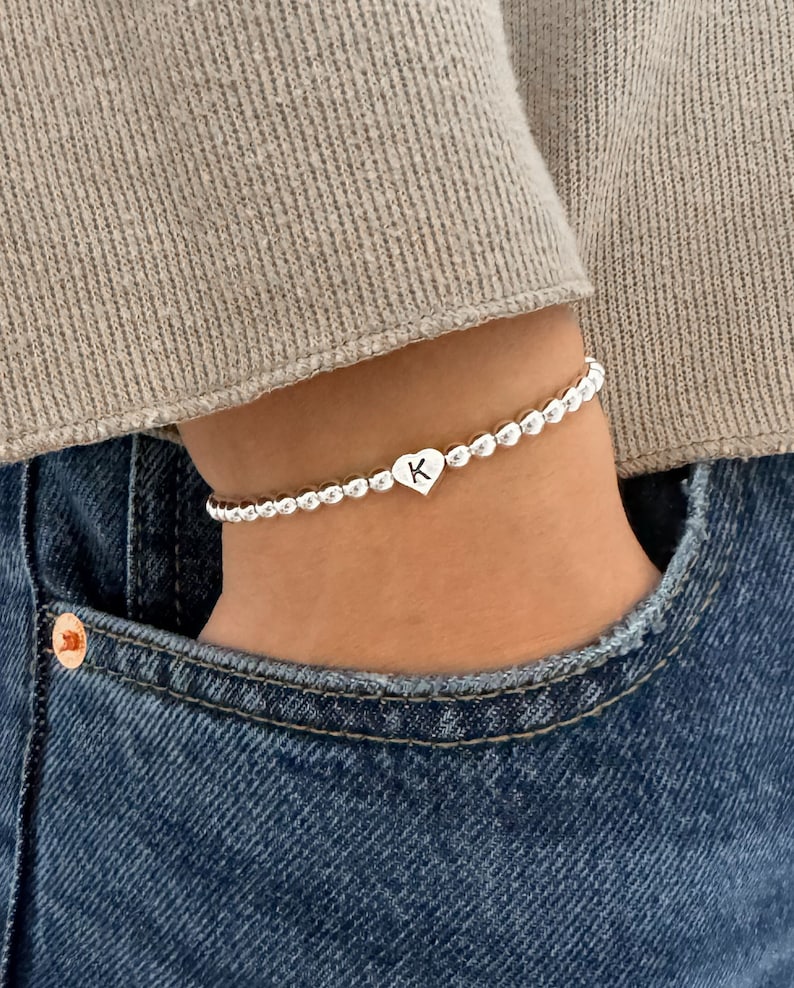 925 Sterling Silver Heart Initial Bracelet, Sterling Silver Stretch Bracelet, Initial Bracelet, Stacked Bracelets zdjęcie 2