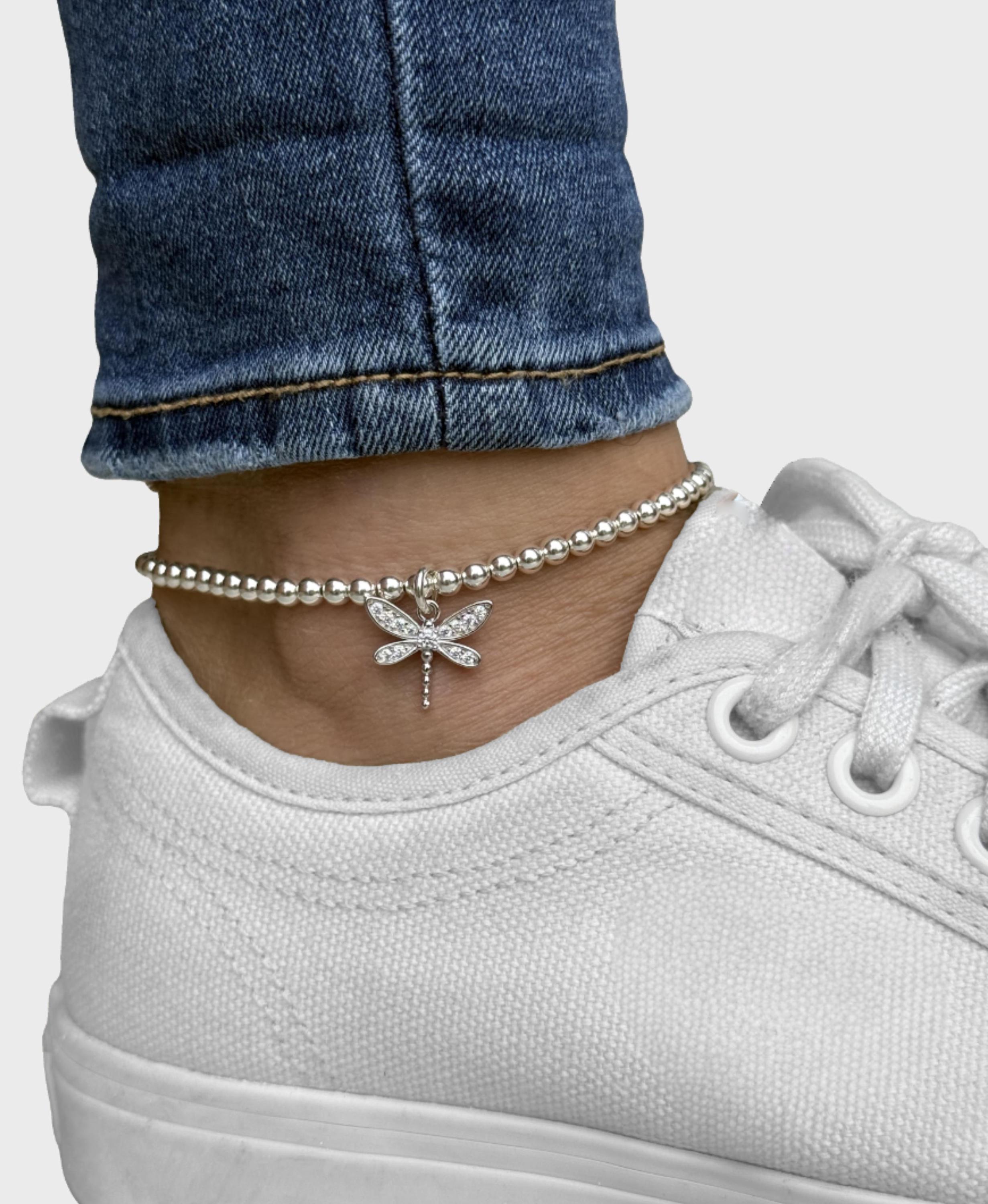 ダイアン 925 Sterling Silver Stretch CZ Dragonfly Anklet, Sterling