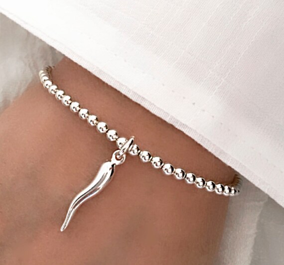 925 Sterling Silver Cornetto Italian Horn Bracelet Malocchio