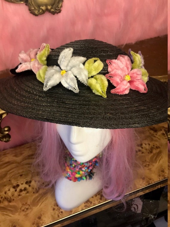 Rare 1950s Velvet and Straw Saucer Hat