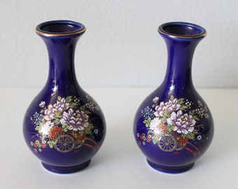 Pair of Vintage Miniature Cobalt Blue Vases Flower Gold Trim Made in Japan 4.75"