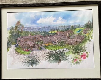 Vintage Architectural Watercolor, Signed Framed, Wall Art, Home Decor, Painting