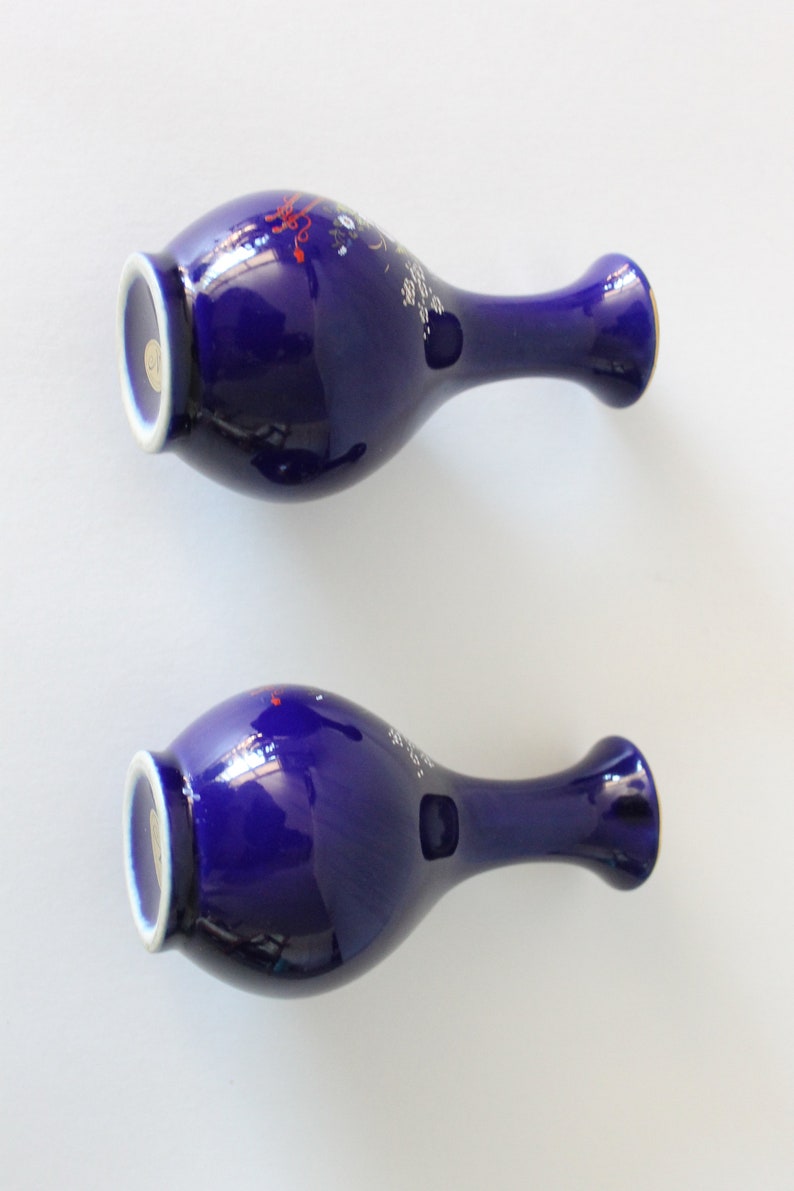 Pair of Vintage Miniature Cobalt Blue Vases Flower Gold Trim Made in Japan 4.75