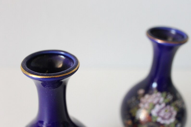 Pair of Vintage Miniature Cobalt Blue Vases Flower Gold Trim Made in Japan 4.75