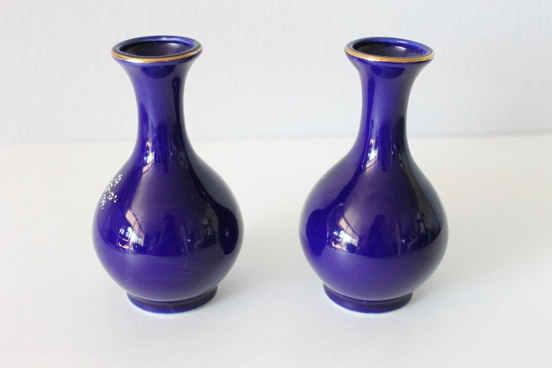Pair of Vintage Miniature Cobalt Blue Vases Flower Gold Trim Made in Japan 4.75
