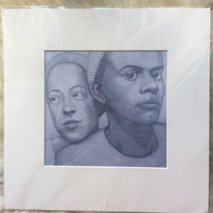 Vintage Signed Original Print Two Faces Black and White Sketch Digital 13.75 Inches Matted Not Framed