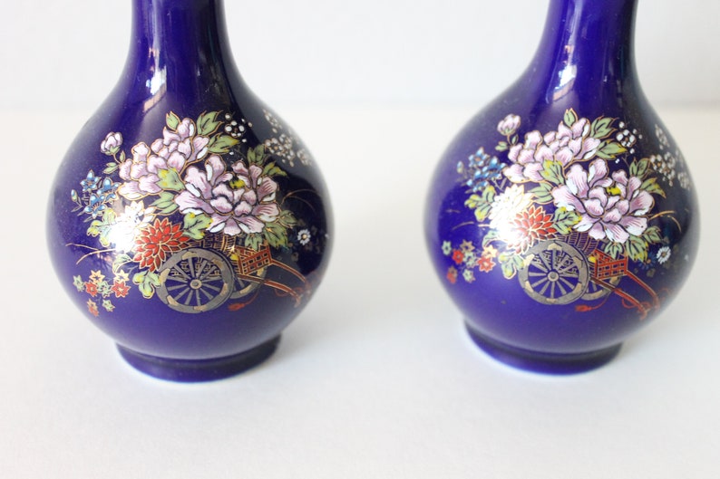 Pair of Vintage Miniature Cobalt Blue Vases Flower Gold Trim Made in Japan 4.75