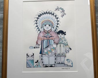 Geraldine Gutierrez Original 1994 Pueblo Painting on Paper, Framed