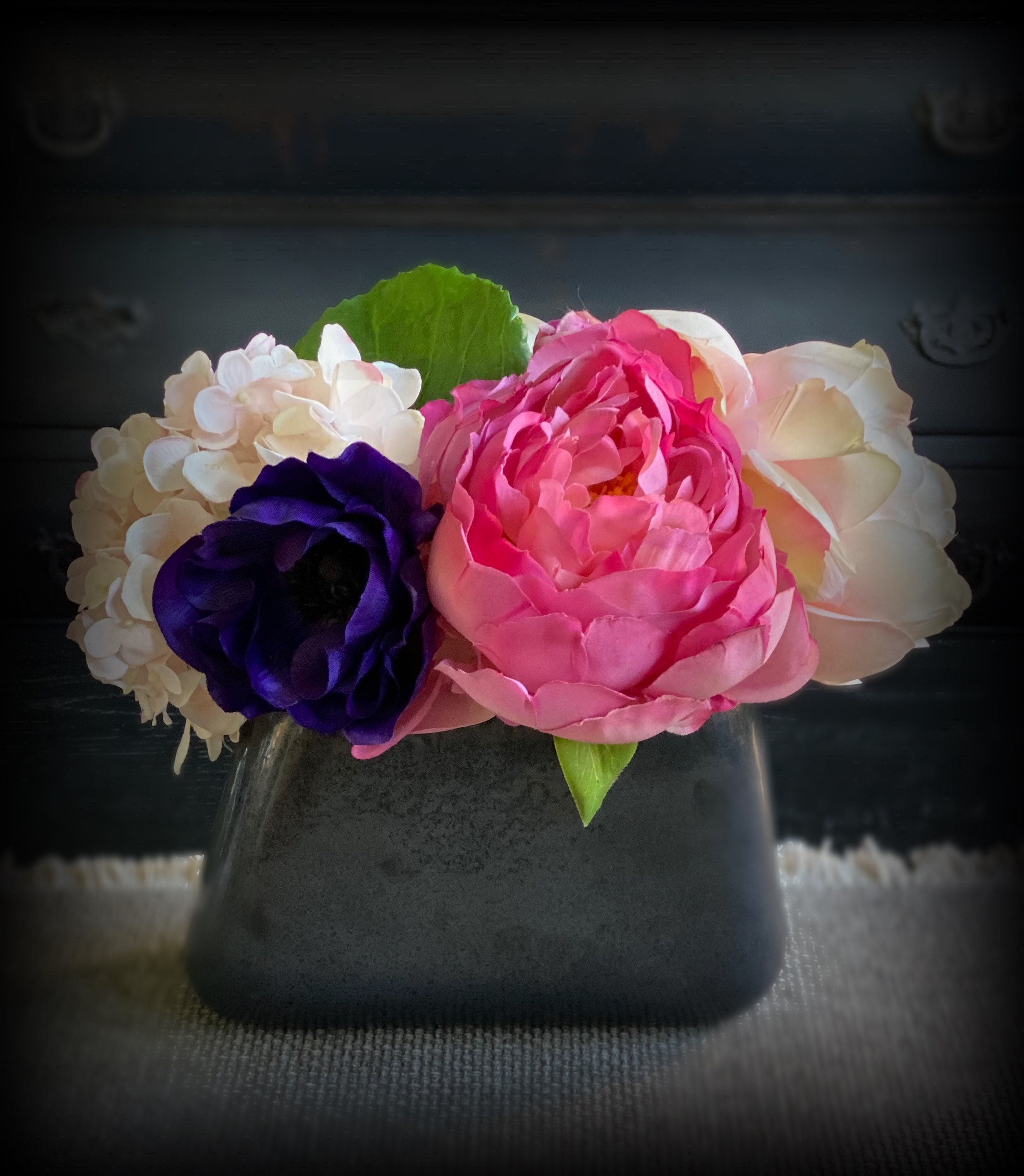 Faux floral arrangement peonies roses anemone in black vessel [centerpiece] Mother’s Day [Home Decor] Gift