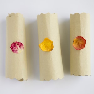 May include: Three rolled up paper tubes with scalloped edges, each decorated with a single dried flower petal. The petals are red, yellow, and orange.