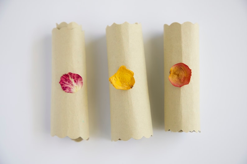 May include: Three rolled up paper tubes with scalloped edges, each decorated with a single dried flower petal. The petals are red, yellow, and orange.