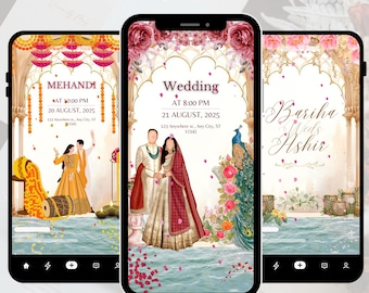 May include: Three smartphones displaying wedding invitation designs. The invitations feature illustrations of couples, floral arrangements, and peacock. Text includes "Wedding Video Invite", "Mehandi", "Wedding", and names with dates and times.
