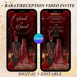 Könnte beinhalten: Digitale Hochzeitseinladung, angezeigt auf zwei Smartphones. Das Design zeigt ein Paar in traditioneller Kleidung, mit den Namen "Sarah & Daniel" und "Sarah Nawaz mit Daniel Ahmed". Die Einladung enthält Veranstaltungsdetails und den Text "DIGITAL + EDITABLE".