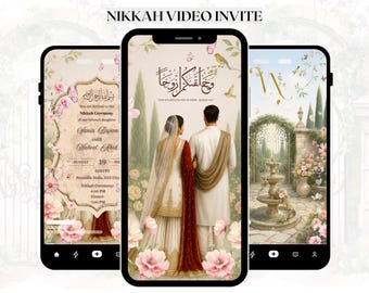 May include: Three smartphones displaying a wedding invitation. The central phone shows a couple in traditional attire, with floral and butterfly accents. The other phones display invitation details and a decorative initial.