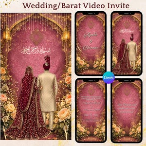 Könnte beinhalten: Digitale Hochzeitseinladung mit einem Paar in traditioneller Kleidung, vor einem rosa Hintergrund mit floralen Akzenten. Das Design enthält den Text "Wedding/Barat Video Invite" und Einladungsdetails auf Smartphone-Mockups.
