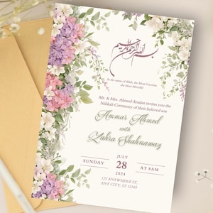 Puede incluir: Invitación de boda con detalles florales en rosa, morado y blanco. La invitación anuncia la ceremonia de boda de Ammar Ahmed y Zahra Shahnawaz, con fecha y hora. Incluye un sobre a juego.