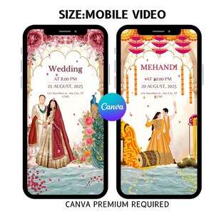 May include: Two mobile phone screens displaying wedding and Mehandi invitations. The wedding invitation features a couple, floral accents, and the date. The Mehandi invitation shows a couple dancing, a drum, and floral decorations. Text includes event details.