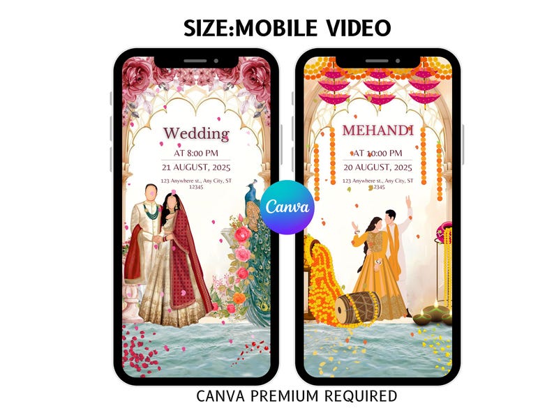 May include: Two mobile phone screens displaying wedding and Mehandi invitations. The wedding invitation features a couple, floral accents, and the date. The Mehandi invitation shows a couple dancing, a drum, and floral decorations. Text includes event details.