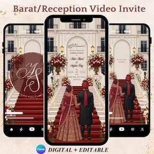 May include: Digital wedding invitation design featuring three smartphones displaying a wedding ceremony scene. The design includes a couple walking up red stairs, floral arrangements, and the text "Barat/Reception Video Invite."