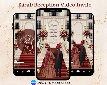 May include: Digital wedding invitation design featuring three smartphones displaying a wedding ceremony scene. The design includes a couple walking up red stairs, floral arrangements, and the text "Barat/Reception Video Invite."