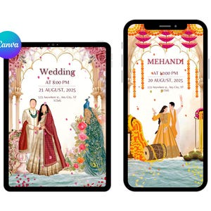 May include: Digital wedding invitation design on a tablet and smartphone. The tablet displays a wedding invitation with a couple, peacock, and floral elements. The smartphone shows a Mehandi invitation with a couple dancing. Both include event details.