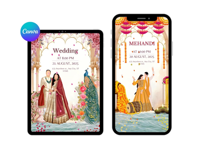 May include: Digital wedding invitation design on a tablet and smartphone. The tablet displays a wedding invitation with a couple, peacock, and floral elements. The smartphone shows a Mehandi invitation with a couple dancing. Both include event details.
