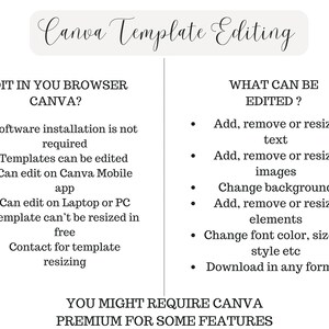 May include: A graphic with the text "Canva Template Editing" and two columns of bullet points. The left column lists features like editing in a browser, mobile app, and laptop. The right column details editable elements such as text, images, and background.