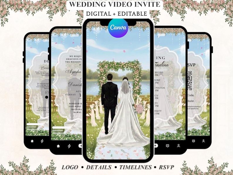 May include: A digital wedding video invite displayed on multiple smartphones. The design features a couple walking towards a floral arch, with text including names, dates, and RSVP information. The Canva logo is visible.