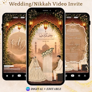 May include: Three smartphone screens displaying digital wedding invitations. The central screen shows a bride and groom illustration with Arabic text and a mosque backdrop. The other screens feature similar designs with initials and event details. The text reads "Wedding/Nikkah Video Invite".
