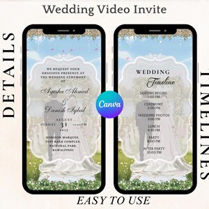 May include: Digital wedding video invite displayed on two smartphones. The design features a couple silhouette, floral accents, and event details. The text includes names, date, time, and location. The Canva logo is visible.