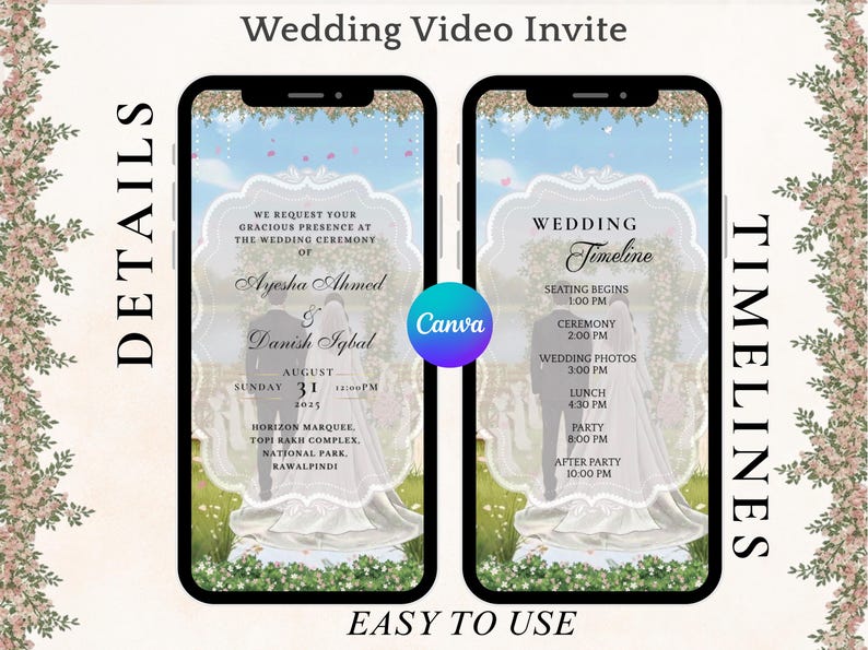May include: Digital wedding video invite displayed on two smartphones. The design features a couple silhouette, floral accents, and event details. The text includes names, date, time, and location. The Canva logo is visible.