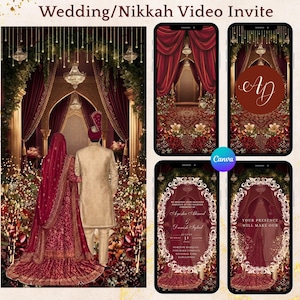 May include: Digital wedding invitation with a couple in traditional attire, set against a backdrop of ornate red curtains and floral arrangements. The design includes mobile phone mockups with invitation details and initials.