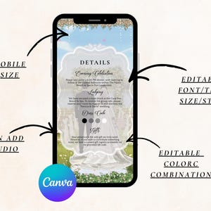 May include: A smartphone screen displays a wedding invitation template with the text "DETAILS" and "Evening Celebration." The design includes a bride and groom silhouette, dress code options, and the Canva logo. The template is editable.