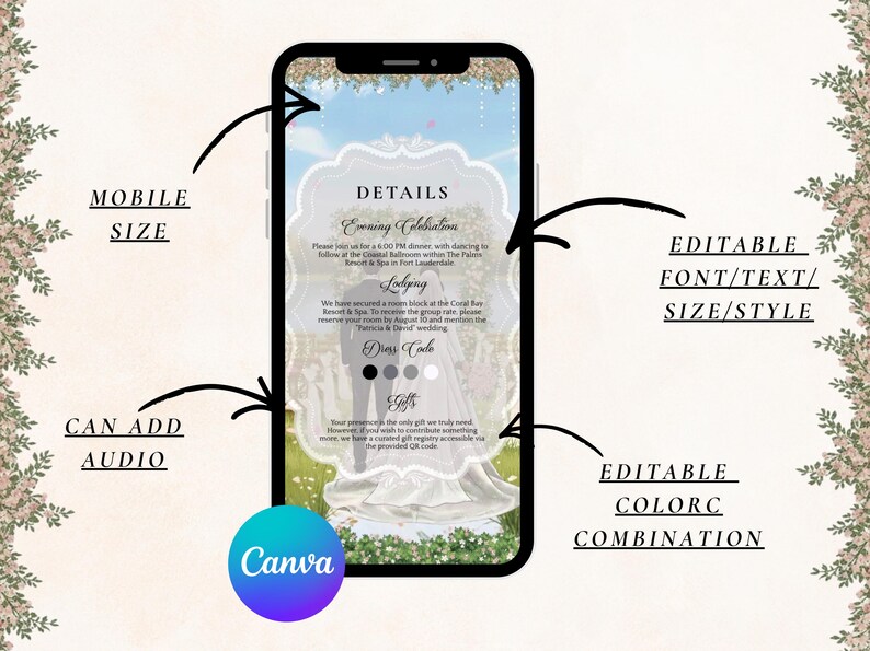 May include: A smartphone screen displays a wedding invitation template with the text "DETAILS" and "Evening Celebration." The design includes a bride and groom silhouette, dress code options, and the Canva logo. The template is editable.