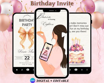 Editable Digital Birthday Invitation Video Girly Pink canva template Birthday invite 18th Birthday Video Card Party birthday invite for Girl