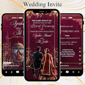 Może przedstawiać: Cyfrowe zaproszenie ślubne na ekranie smartfona. Projekt ma bordowe tło ze złotymi akcentami i elementami kwiatowymi. Tekst brzmi "Wedding Invite" i zawiera szczegóły ceremonii, datę i nazwiska pary.