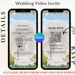 May include: A digital wedding video invite displayed on two smartphones. The left screen shows event details, including the dress code. The right screen features a QR code for RSVP and website access. Floral accents frame the screens.
