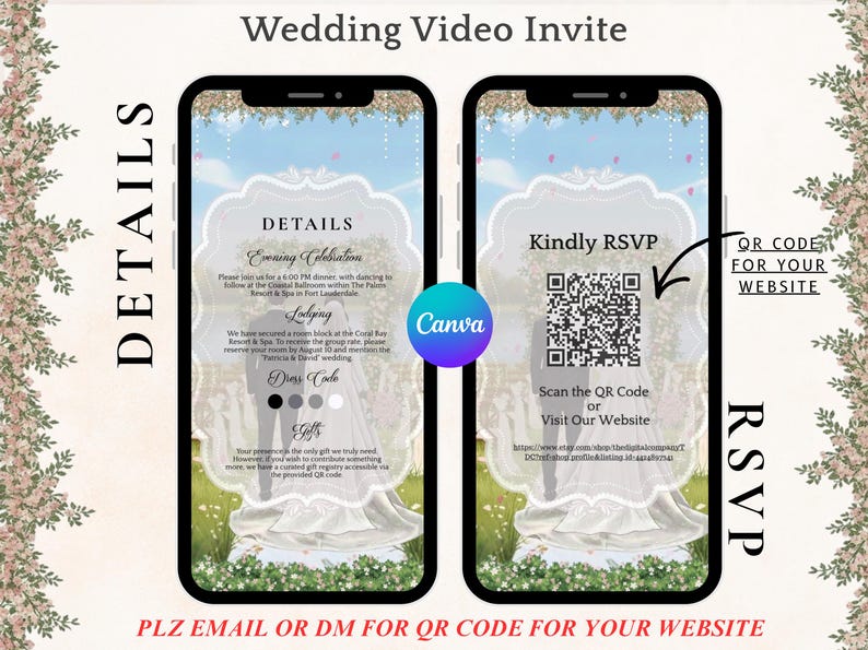 May include: A digital wedding video invite displayed on two smartphones. The left screen shows event details, including the dress code. The right screen features a QR code for RSVP and website access. Floral accents frame the screens.