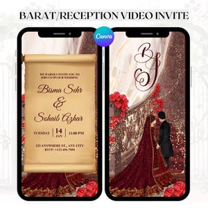 May include: Digital wedding invitation on a smartphone screen. The design features a couple, floral accents, and the names Bisma Sehr & Sohaib Azhar. The invitation includes the date, time, and RSVP information. The background is a rich burgundy color.