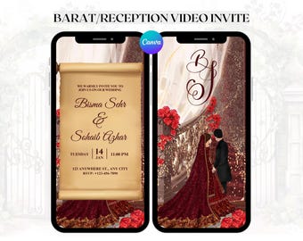 May include: Digital wedding invitation on a smartphone screen. The design features a couple, floral accents, and the names Bisma Sehr & Sohaib Azhar. The invitation includes the date, time, and RSVP information. The background is a rich burgundy color.